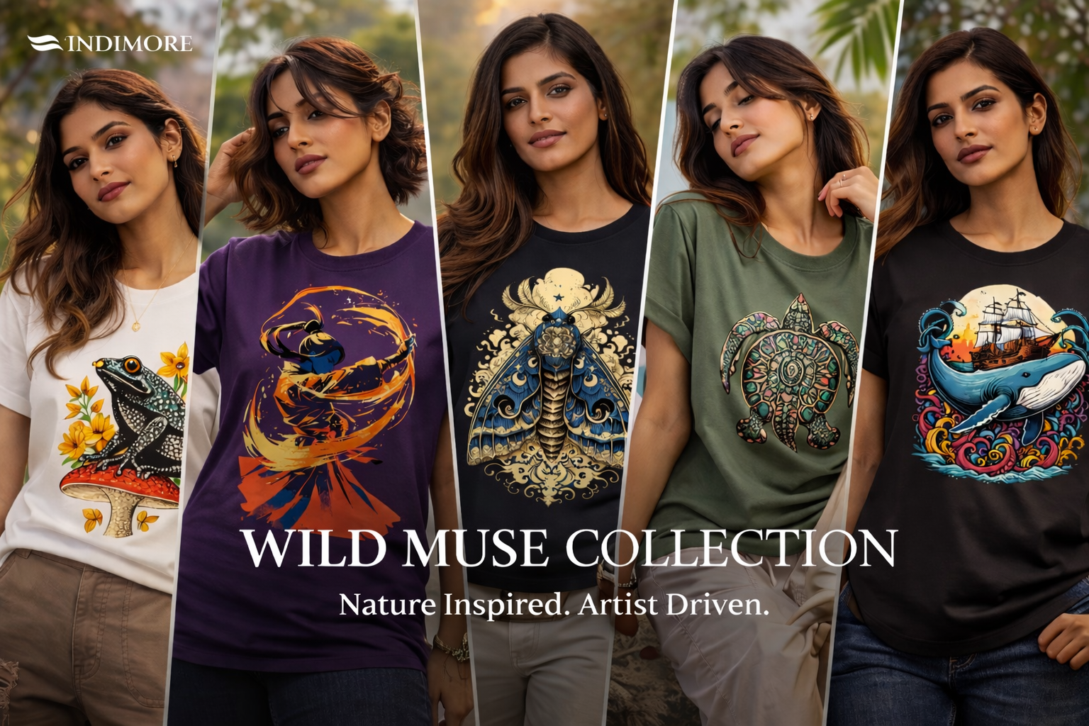 Collage of women wearing t-shirts with nature-themed designs and 'Wild Muse Collection' text.