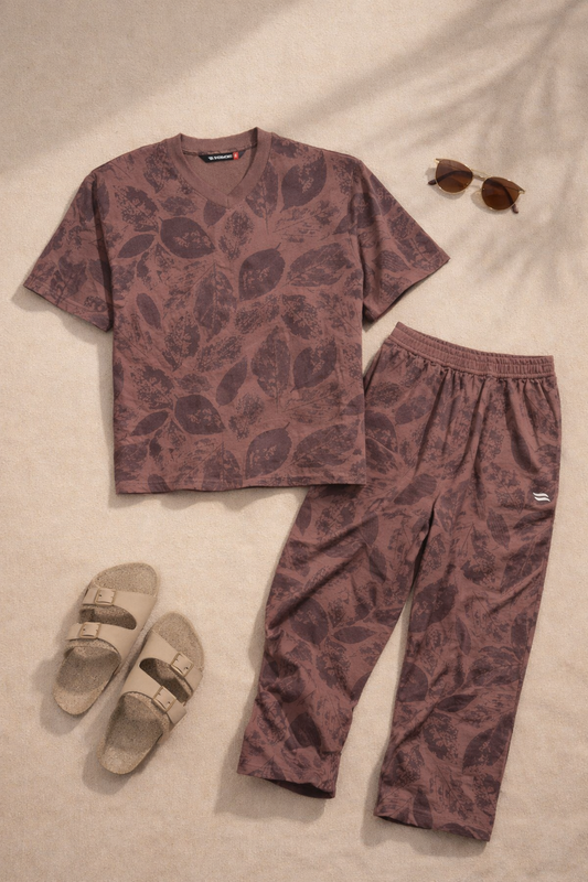 Leaf Print Lounge Set – Mauve Brown